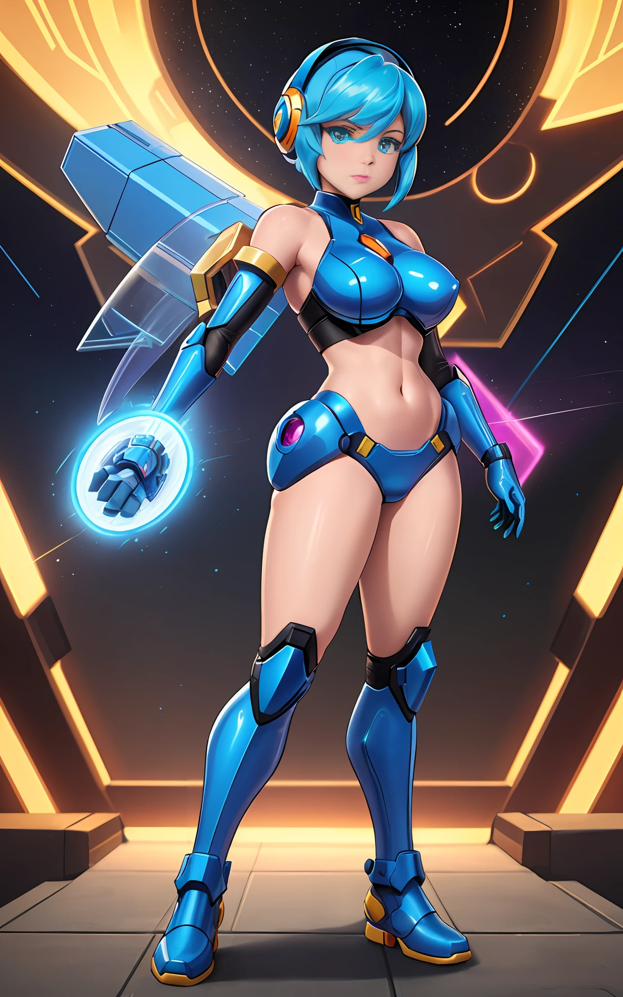 Create a 16k resolution image, Unreal Engine 5, Disney style, Super Metroid style, Mega Man-X style, with very detailed eyes, well detailed face, well detailed, Full body image of woman doing hybrid cosplay of Mega Man-X/Samus Aran/Seiya of Pegasus with Sagittarius armor, short blue hair, wearing helmet, extremely detailed eyes,  futuristic weapons, background: Futuristic city being destroyed, looking at the viewer with facial expression of total hatred