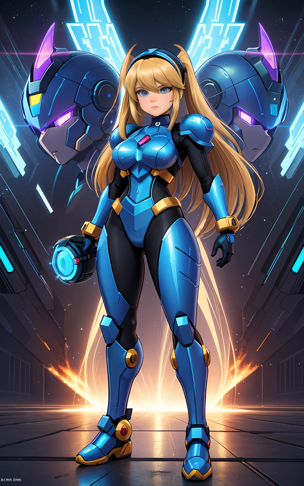 Create a 16k resolution image, Unreal Engine 5, Disney style, Super Metroid style, Mega Man-X style, with very detailed eyes, well detailed face, well detailed, Full body image of woman doing hybrid cosplay of Mega Man-X/Samus Aran/Seiya of Pegasus with Sagittarius armor, short blue hair, wearing helmet, extremely detailed eyes, futuristic weapons, background: Futuristic city being destroyed, looking at the viewer with facial expression of total hatred