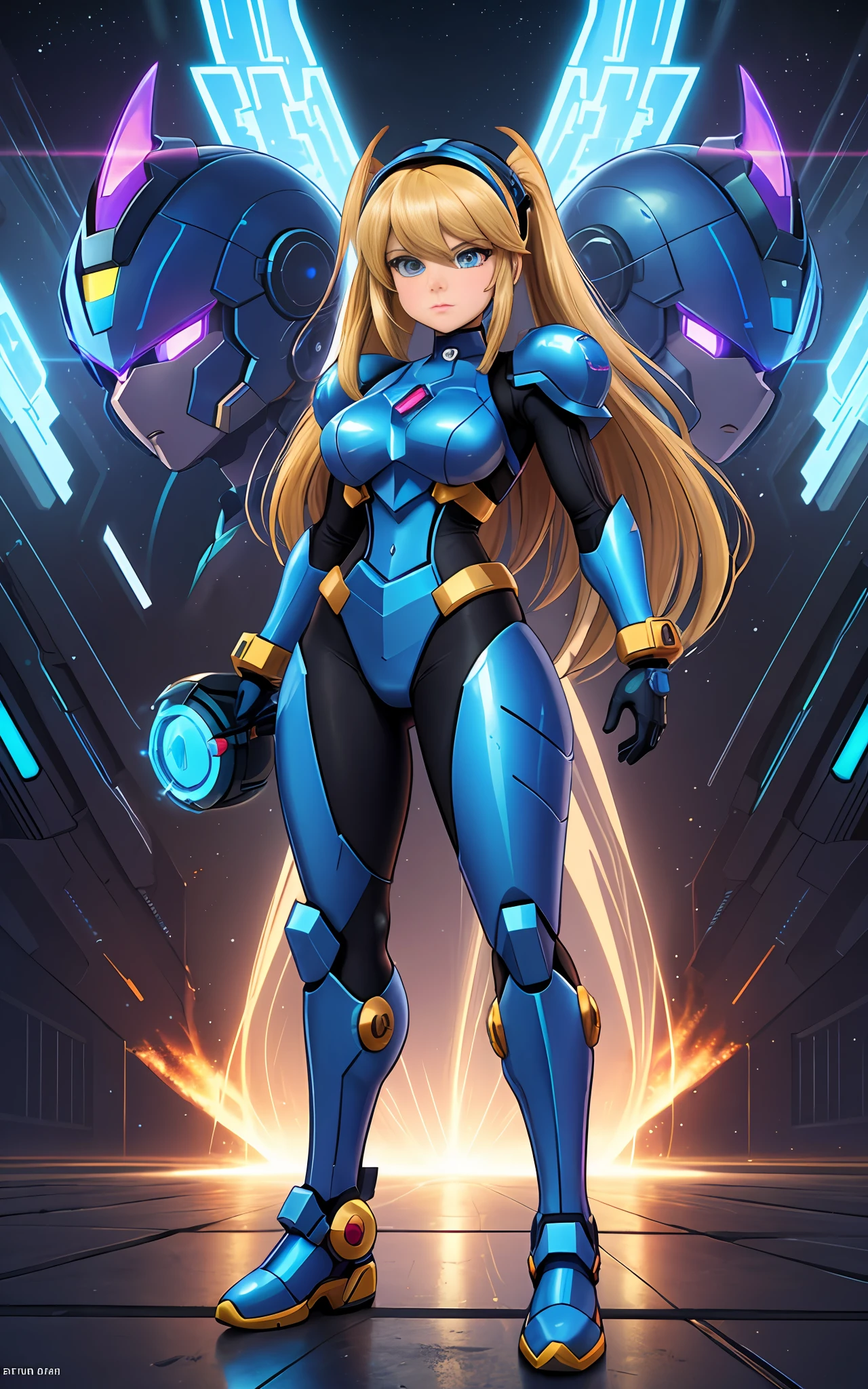 Create a 16k resolution image, Unreal Engine 5, Disney style, Super Metroid style, Mega Man-X style, with very detailed eyes, well detailed face, well detailed, Full body image of woman doing hybrid cosplay of Mega Man-X/Samus Aran/Seiya of Pegasus with Sagittarius armor, short blue hair, wearing helmet, extremely detailed eyes,  futuristic weapons, background: Futuristic city being destroyed, looking at the viewer with facial expression of total hatred