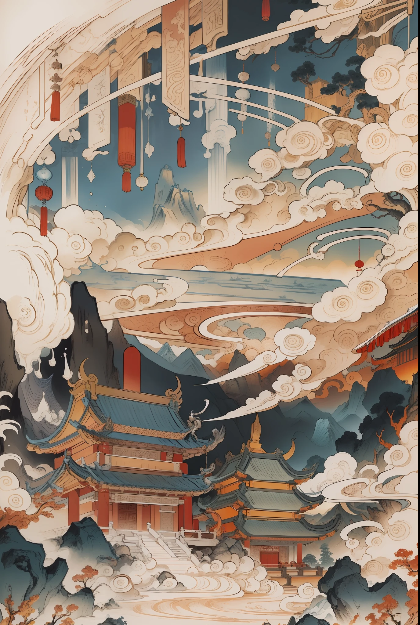 Ancient Chinese landscape, a Monkey King, ancient buildings, pavilions, carved beams and paintings, beautiful mountains and waters, inspired by Jin Yong martial arts, sunshine, ink painting style, clean colors, decisive cutting, white space, freehand, masterpiece, super detailed, epic composition, high quality, highest quality, Pixar style, supersaturated, surreal, artgerm --v 6