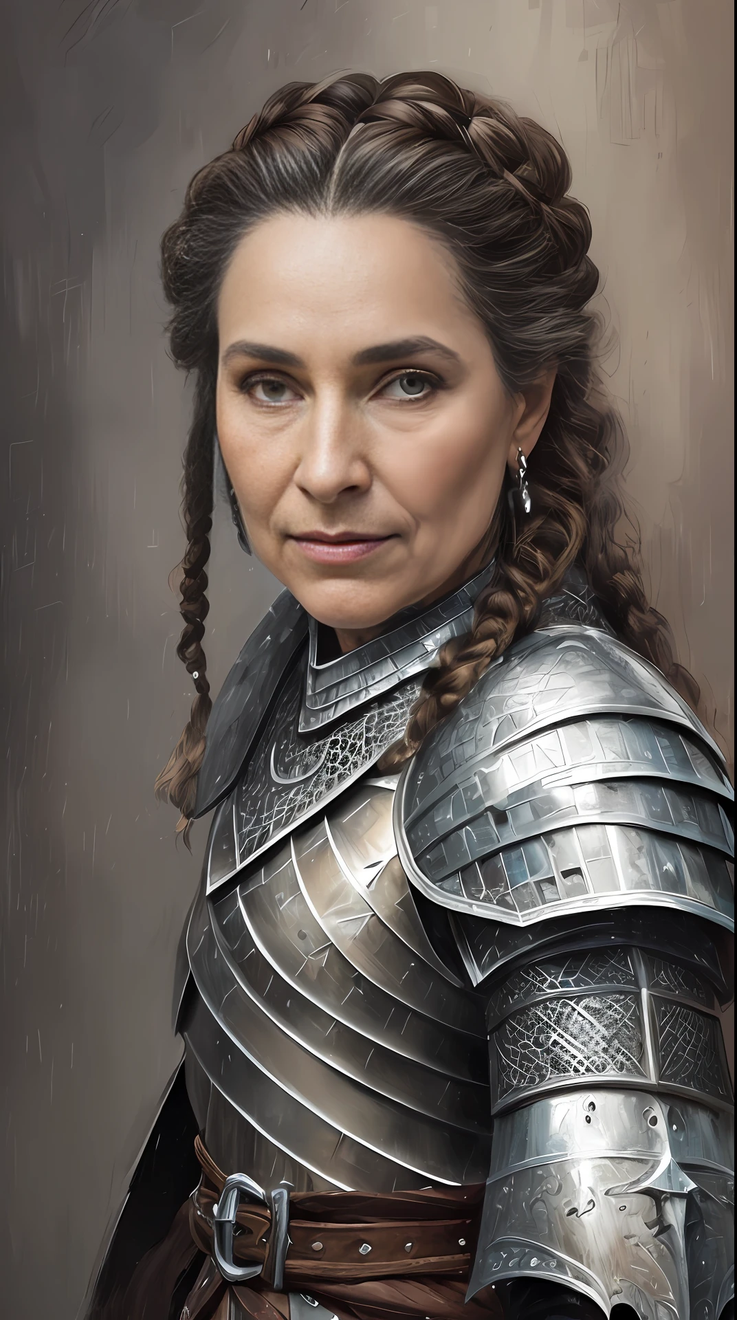 Bird's Eye View detailed ((dnd knight middle aged woman portrait)), happy, HD, Stunning, Character, Portrait, (((Looking Sideways))), angular features, (darkbrown Braids Hair), (muted natural colors:1.3) in the background a castle, dark sky, raining, in painterly style by Thierry Doizon , splash art