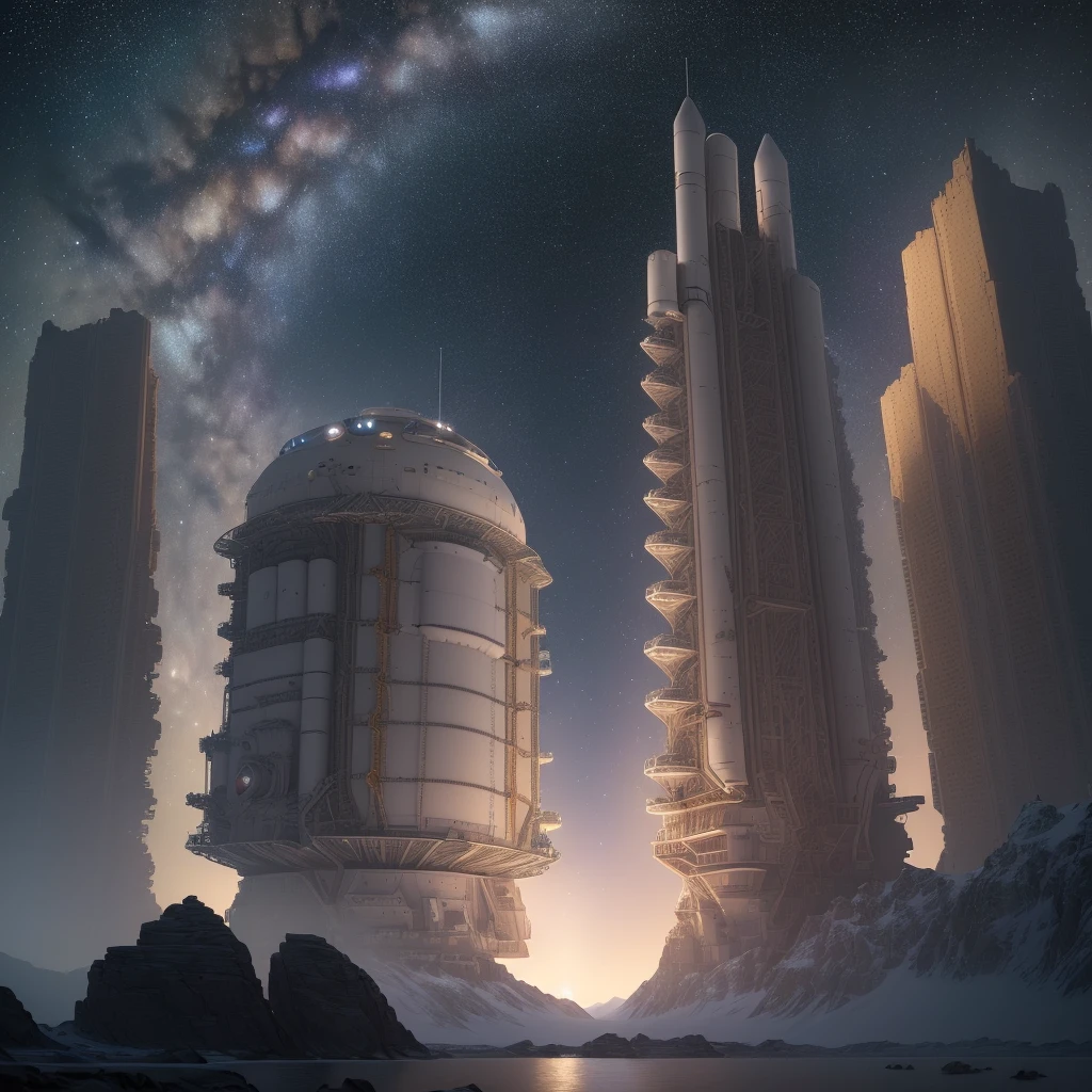 ((8k, RAW photo, best quality, masterpiece: 1.4)), ultra-high resolution, ultra-detailed, illustration, close-up, astronaut, environment only, laboratory, spacecraft, made of stone, night, starry sky, architecture, future, imagination, outdoors, background only
