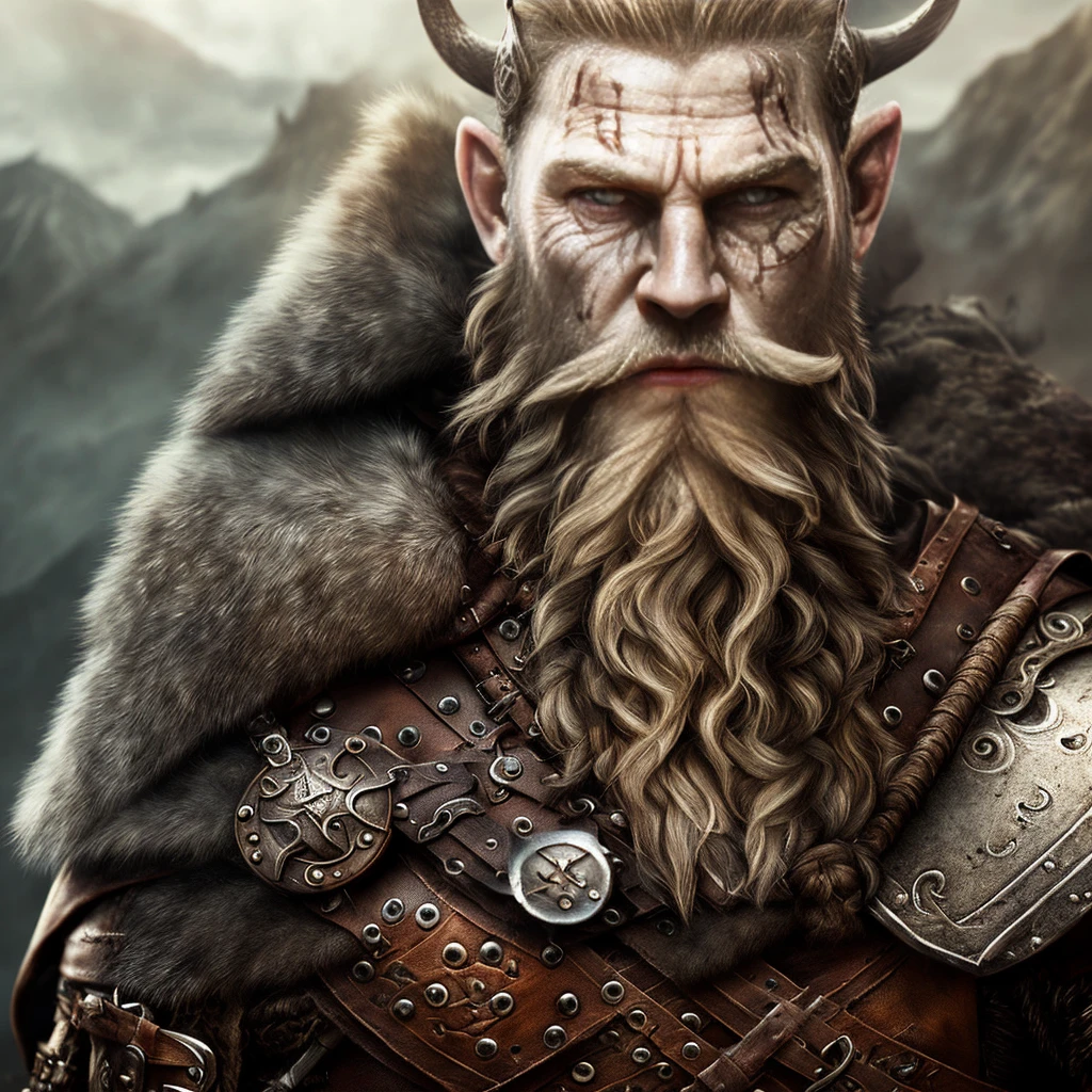 (detailed, high quality), (digital painting, drawing), (short beard, short hair, scar on eye, viking, warrior), (serious look, stern expression), (leather belt, battle garment), eager for battle.