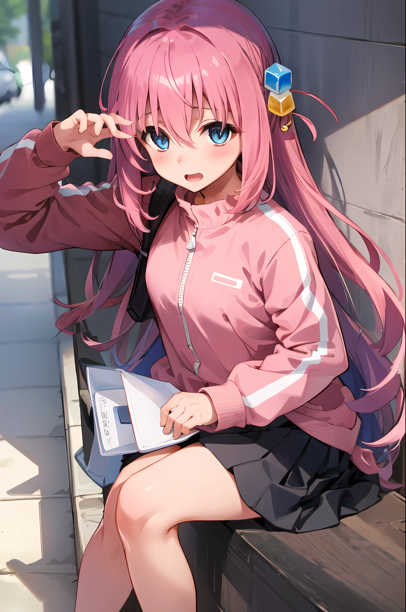 masterpiece, best quality, hair ornament, cube hair ornament, blue eyes, pink hair, pink long hair, grey skirt, pink track jacket, bangs, hair between eyes, BREAK best quality, (1girl), looking at camera, fit, medium breasts, petite, open mouth, white panties, in_box