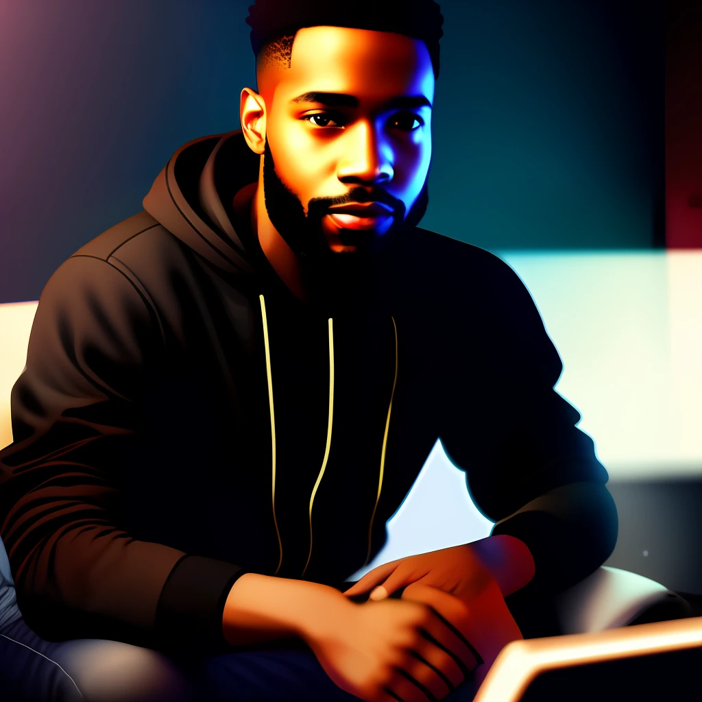 Black man, 26 years old gorgeous skinny, short black hair light brown eyes, thin beard, background sitting in the gaming chair fiddling with the computer in the bedroom at night, picture with realistic light Black Guy, version, sci-fi, cute black character in sweatshirt sitting in his room