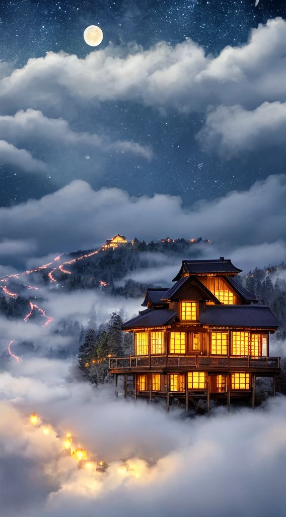 Masterpiece, night, mountain village, wooden old wooden house, lights, surrounded by flowers, fireflies, distant mountains surrounded by clouds, the moon is big and bright, stars, atmosphere, super fine details, master works