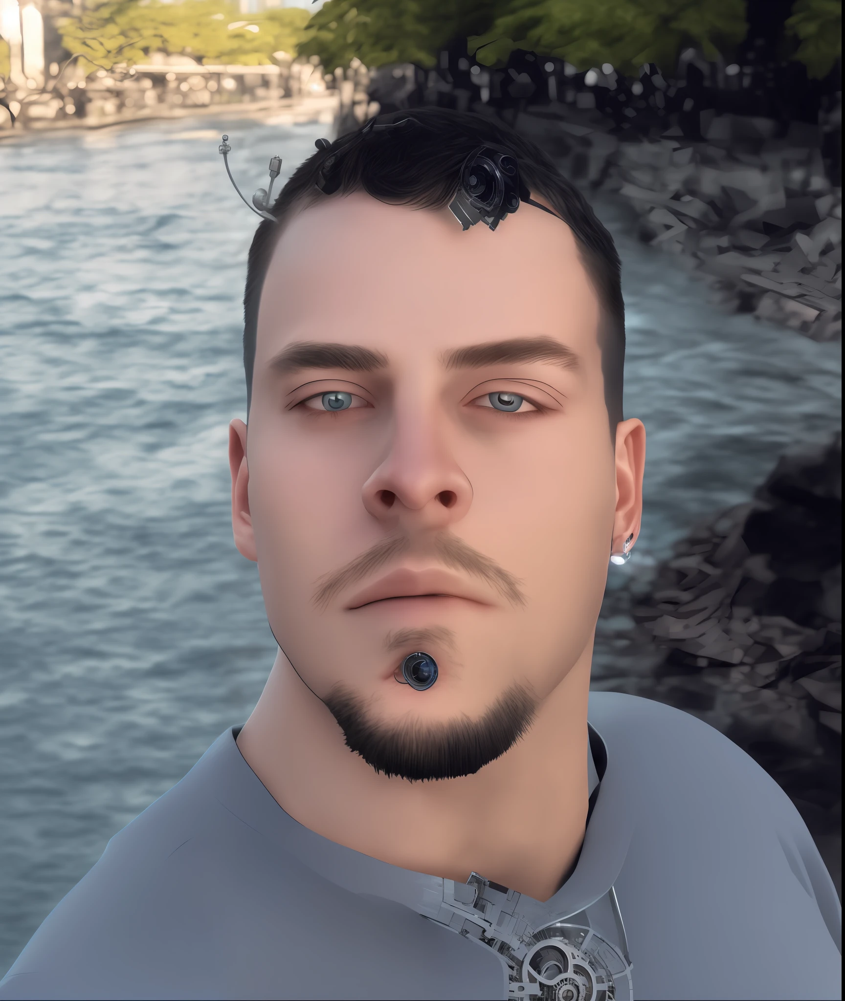 Full-body cyborg man| Full Body Portrait| detailed face| symmetrical| steampunk| cyberpunk| cyborg | intricate detailed| scalar| hyperrealistic| cinematographic lighting| digital art| concept art| Style MDJRNY-V4