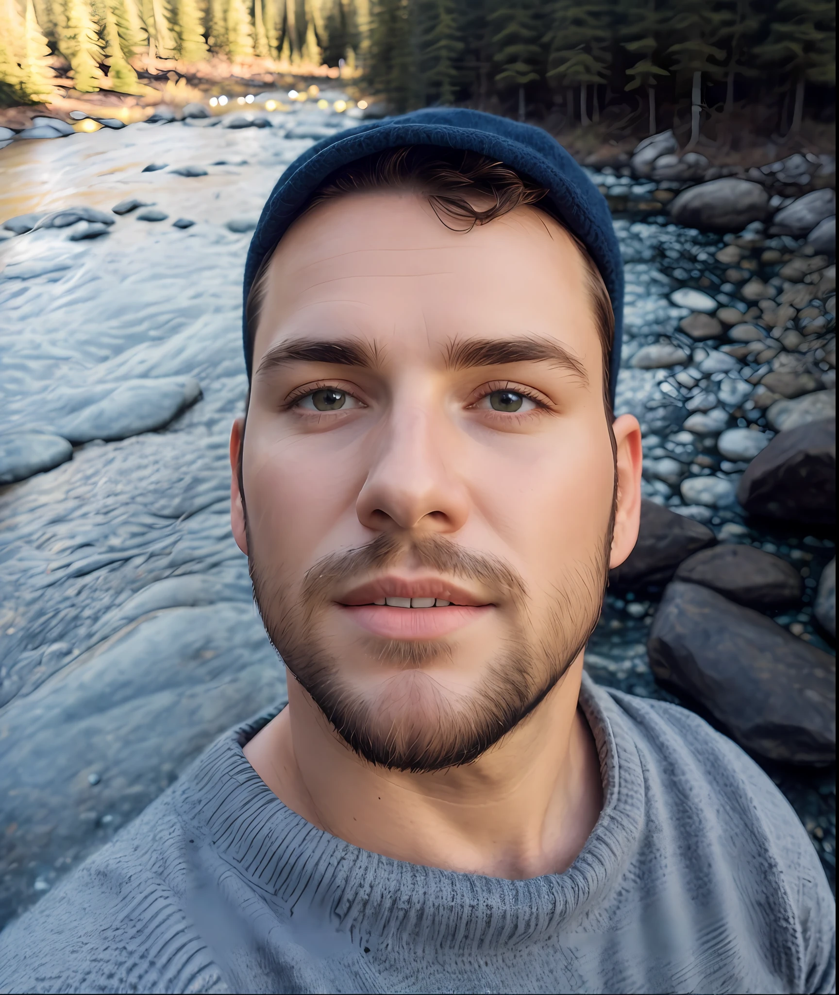 ((upper body selfie, happy)), masterpiece, best quality, ultra-detailed, solo, outdoor, (night), mountains, nature, (stars, moon) cheerful, happy, backpack, sleeping bag, camping stove, water bottle, mountain boots, gloves, sweater, hat, lantern, forest, rocks, river, wood, smoke, shadows, contrast, clear sky, style, (warm hue, warm tone)