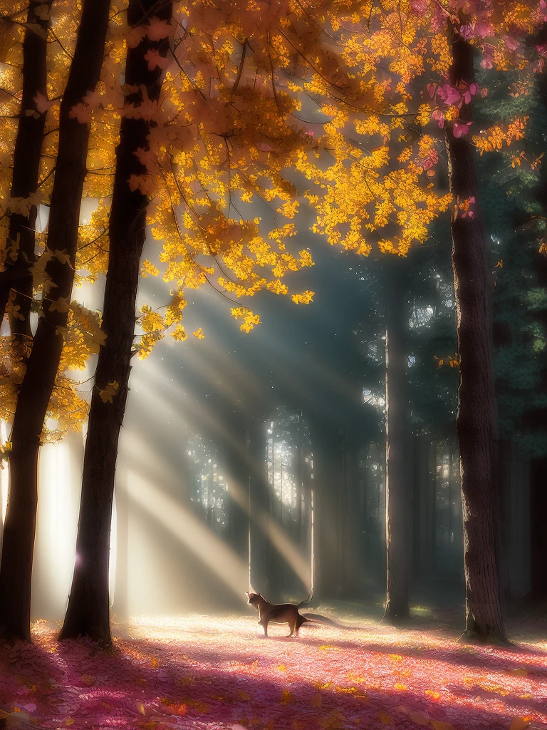 ( (#cat), digital painting, (extremely detailed), (dramatic light and shadow, beautiful illumination), (floating), (dynamic pose), (blonde hair), (golden eyes), (short skirt), (fishnet stockings), (pink high heels), (sexy lingerie), ((muds, petals, leaves) AND forest), Volumetric light ):0.9