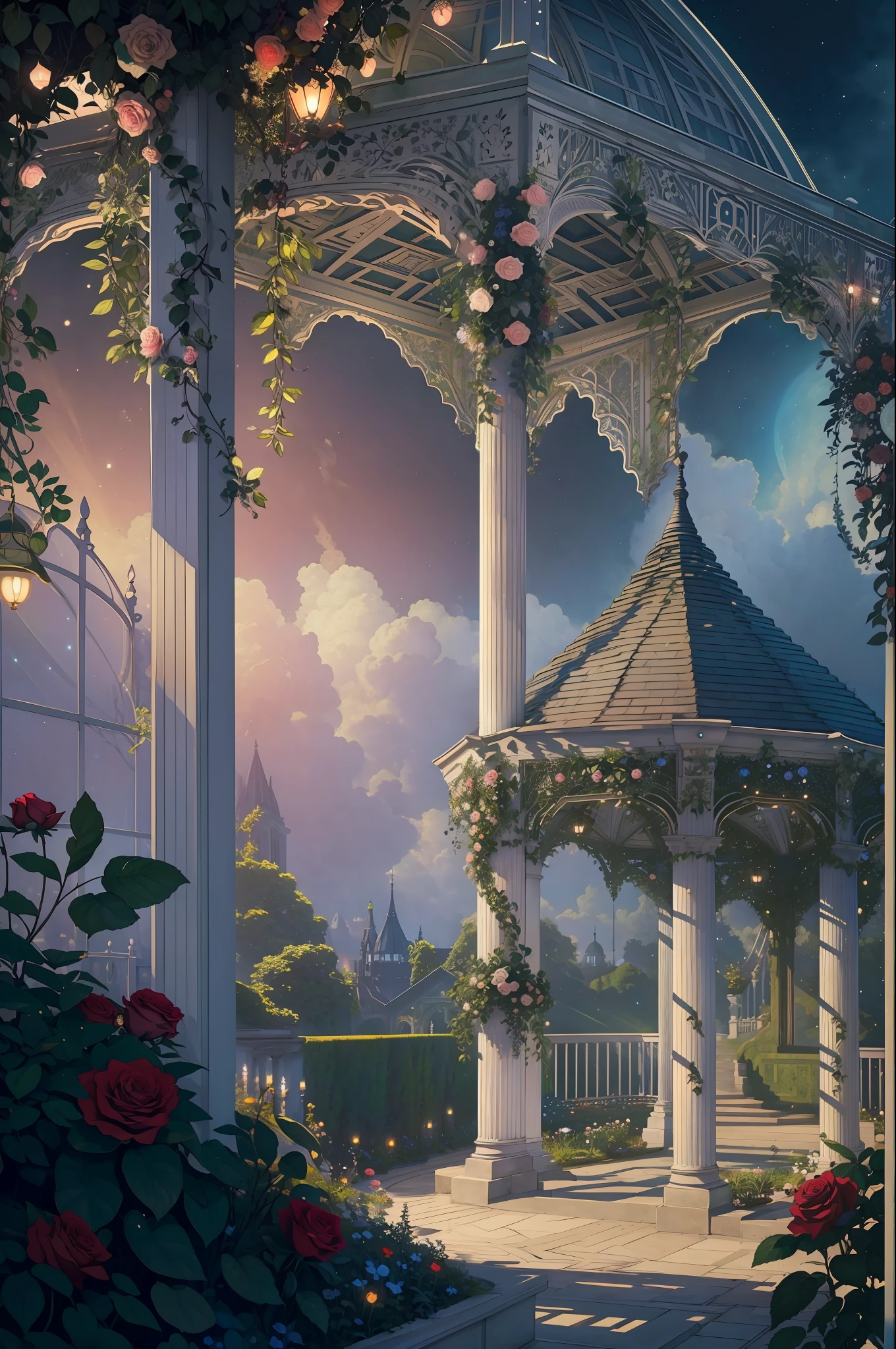 (Illustration:1.3), (secret garden), lush, floral, rose, (botanical), romanticism, moody, space, stars, nebula, beautiful clouds, moon, trellis, lattice, garden, gazebo, (realistic:1.5), (good shading), good architecture, volumetric lighting, cinematic, good architecture, (highest quality, award winning, masterpiece:1.5),