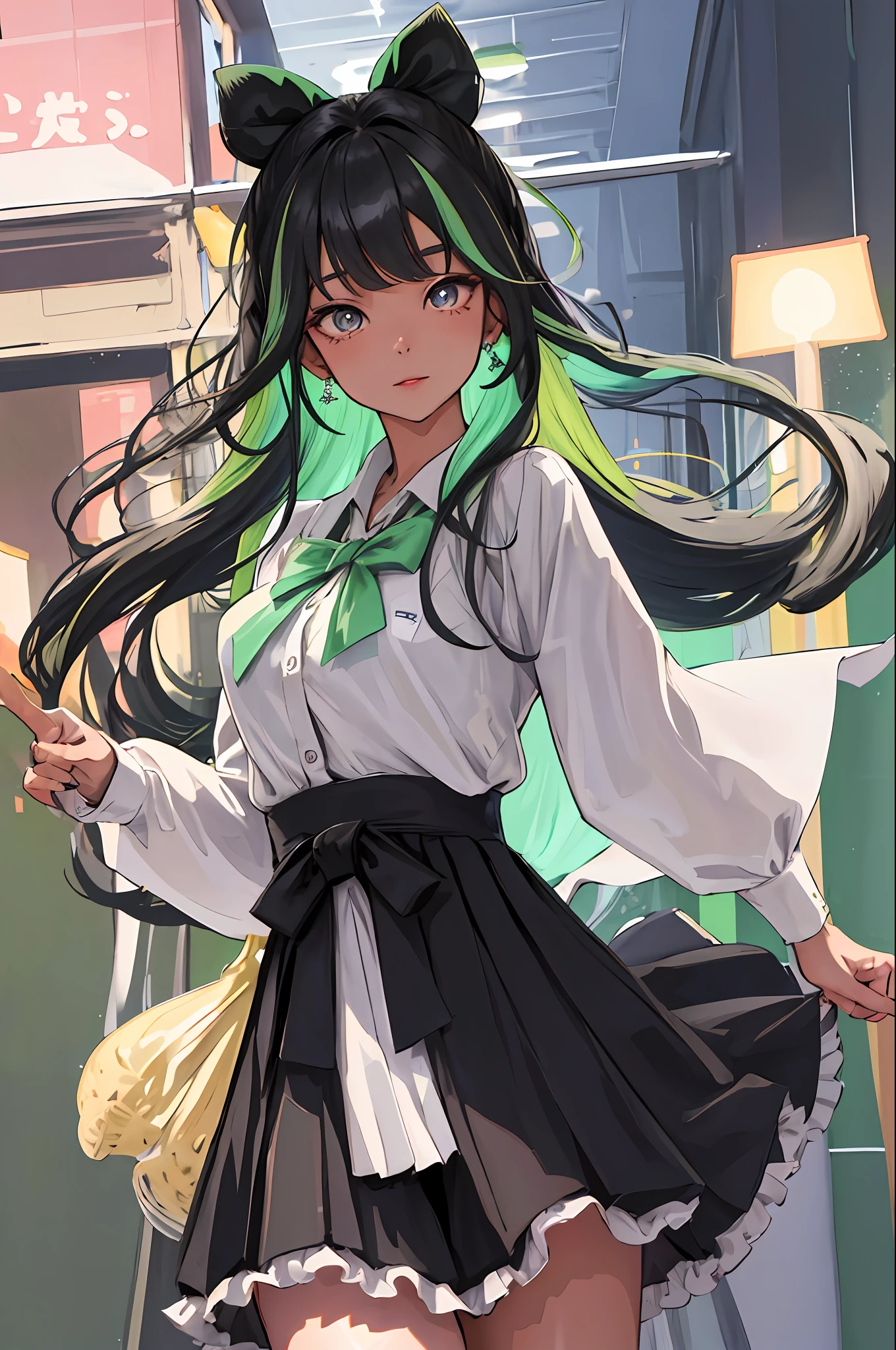masterpiece, best quality, highres, higuchi kaede, 1girl, virtual youtuber, solo, long hair, black skin, dark skin, Poc, green hair, black hair, multicolor hair, diamond shaped eyes, star shaped eyes, bow on cardigan, long skirt, pleated, lines, pastel colors, pastel clothes, close-up,