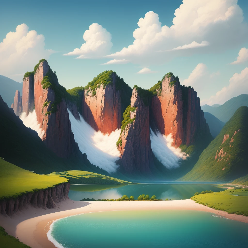 Masterpiece, Best Quality, Official Art, Outdoor, Summer, Cloudy Sky, Illustrator Tom Clohosy Cole, Behance, Travel, Color Block Painting