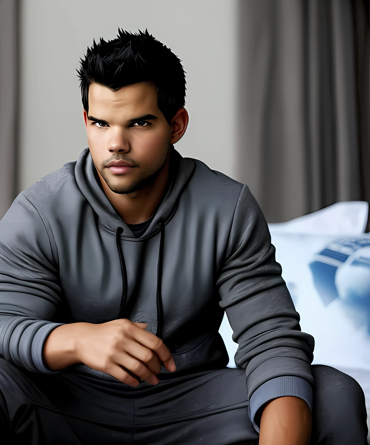 Black Guy, version, sci-fi, cute black character in sweatshirt sitting in his room spiraled in taylor lautner