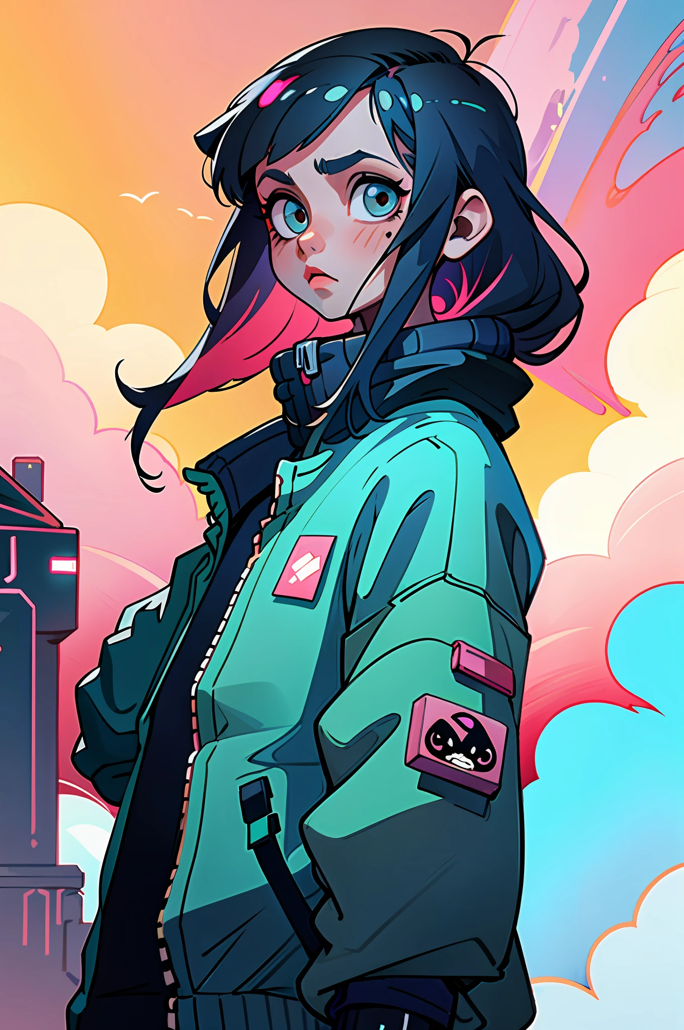 (best quality, masterpiece), 1girl, cyberpunk, sweatshirt, neon, cloudy sky, (cartoon:1.5)