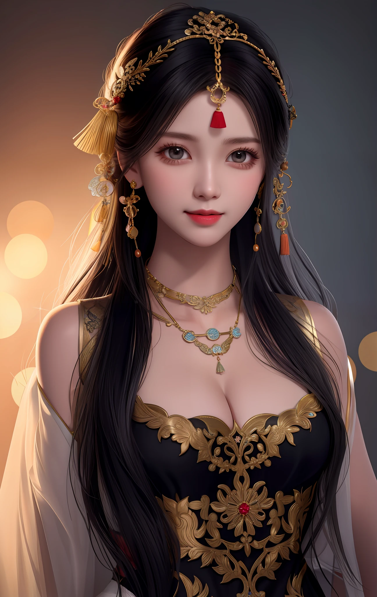 Detailed skin texture, detailed cloth texture, detailed face, masterpiece, best quality, super detailed, 8k, intricate details, best quality, 1girl, bangs, full nudity, black hair, ancient Chinese background, big breasts, thin, cleavage, collarbone, short skirt, gloves, hair bun, hair ornament, hair stick, jewelry, a mole, necklace, smile, solo, black silk, (hiqcgbody:0.5), (hiqcgface:0.5), full body photo,