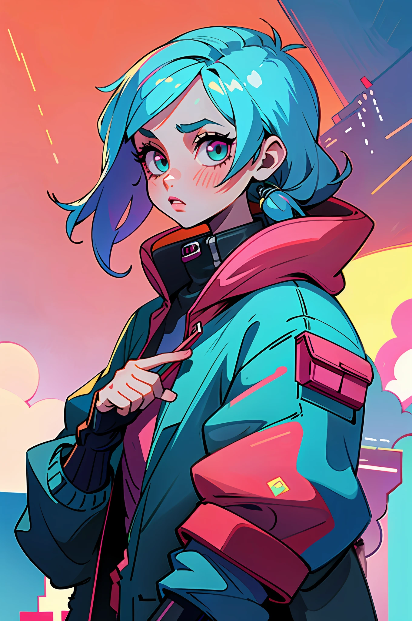 (Best Quality, Masterpiece), 1Girl, Cyberpunk, Sweatshirt, Neon, Cloudy Sky, (Cartoon: 1)