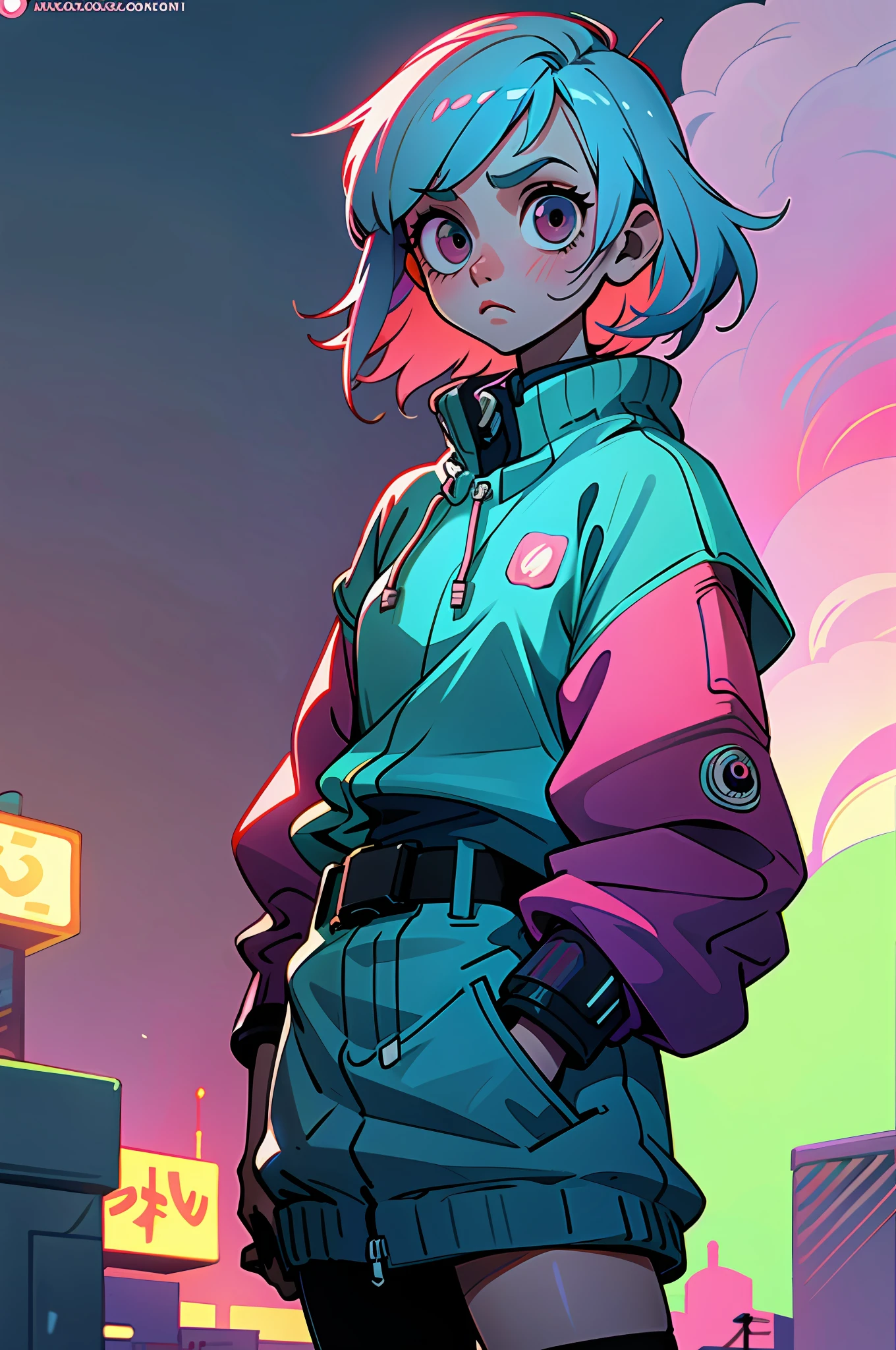 (best quality, masterpiece), 1girl, cyberpunk, sweatshirt, neon, cloudy sky, (cartoon:1.5)