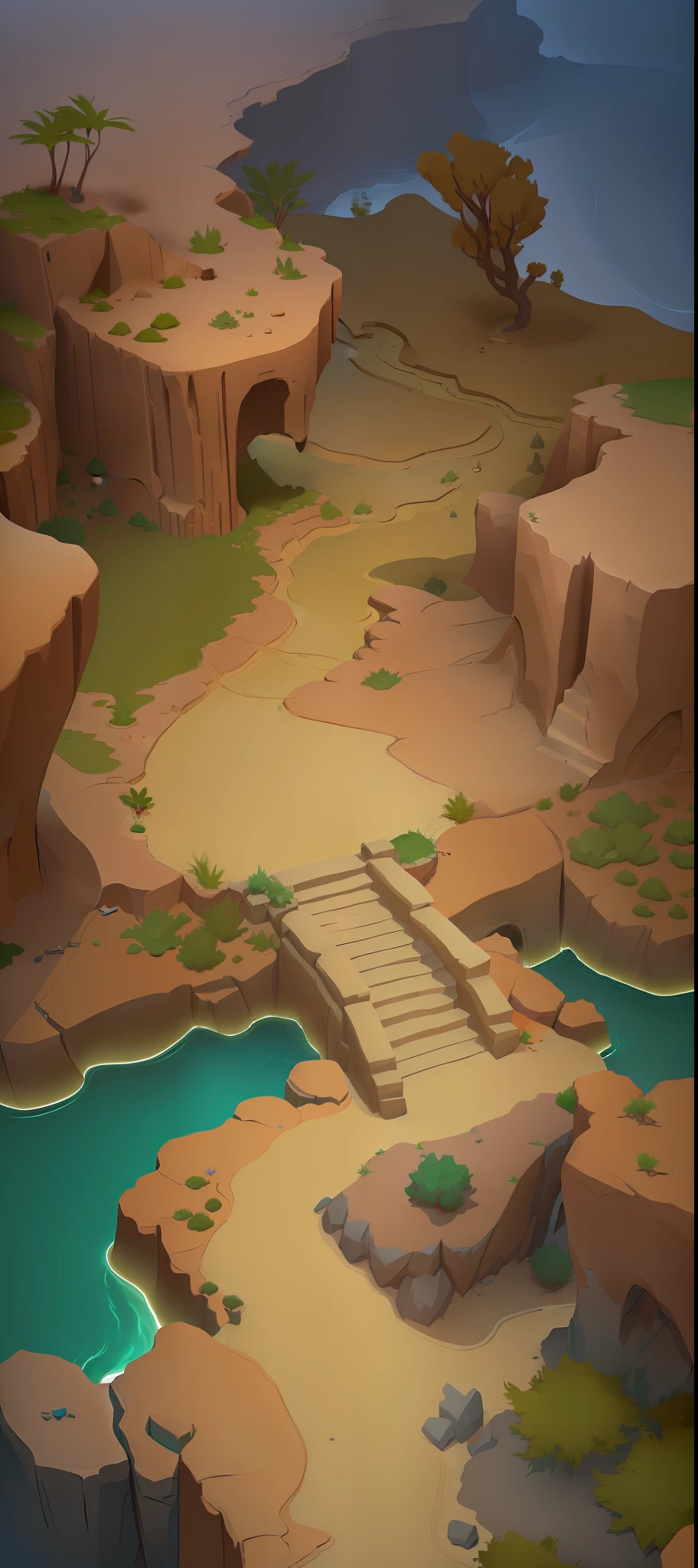 there is a small bridge over a small river in a desert, cliffside, isometric game art, desert oasis background, simple stylized, top of a canyon, isometric game asset, detailed environment, desert oasis, stylized concept art, looking down a cliff, game environment design, isometric 2 d game art, canyon, stylized game art