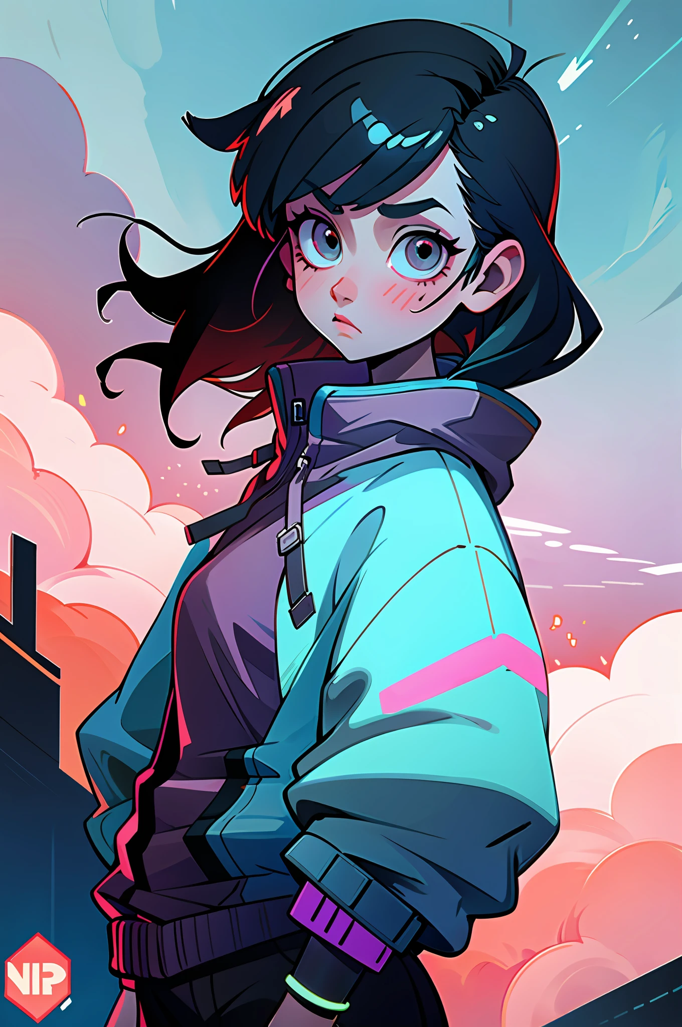 (best quality, masterpiece), 1girl, cyberpunk, sweatshirt, neon, cloudy sky, (cartoon:1.5)