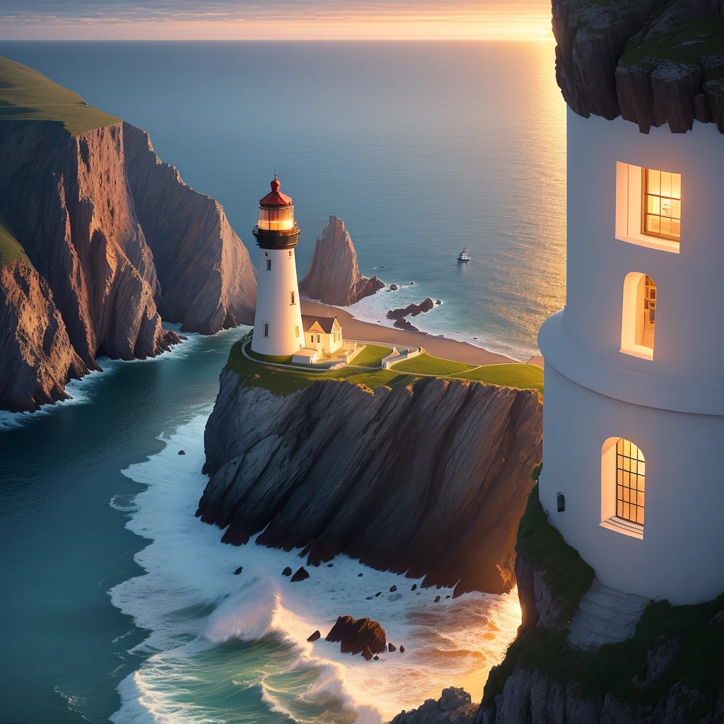 A lighthouse lit at dusk on the edge of a high cliff on a beautiful, trnkilo day, with a boat on the shore and with a framing from afar, showing the depth of the sea