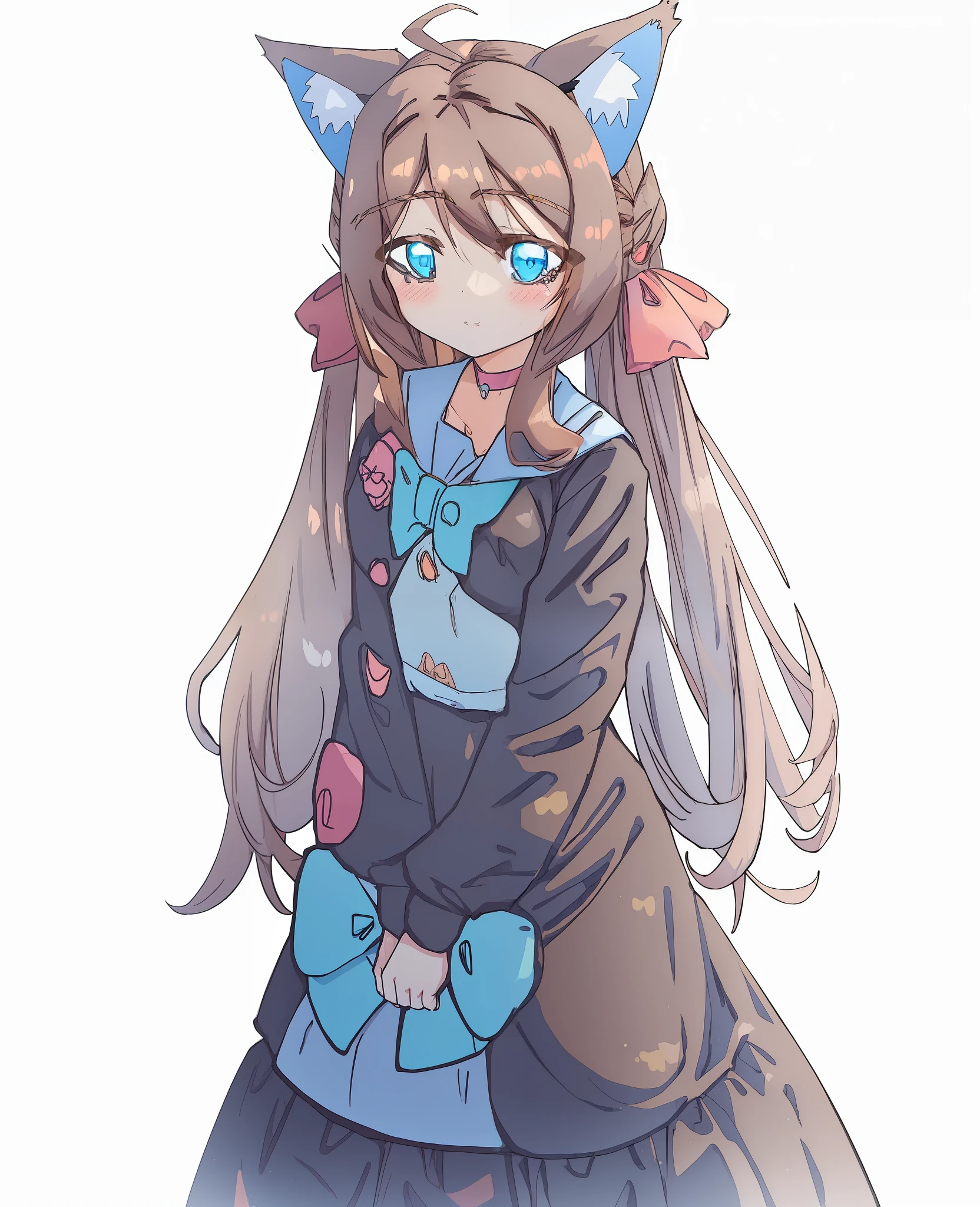 anime girl with brown long hair and blue eyes wearing a cat ears headband, (brown hair:1.8), blue bowtie, cute anime catgirl, anime catgirl, anime girl with cat ears, anime moe artstyle, nekomimi, school outfit, kawaii realistic portrait, anime cat, cute anime face, beautiful anime catgirl, pink twintail hair and cyan eyes, girl with cat ears, (brown cat ears:1.7), very beautiful anime cat girl
