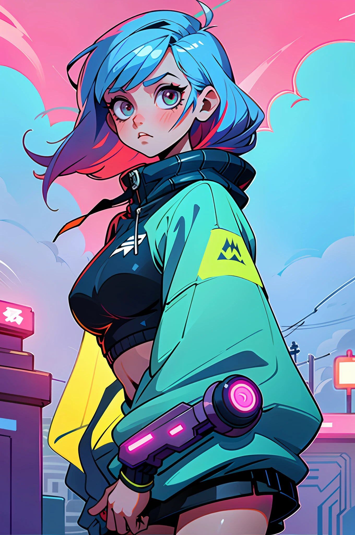 (best quality, masterpiece), 1girl, cyberpunk, sweatshirt, neon, cloudy sky, (cartoon:1.5)