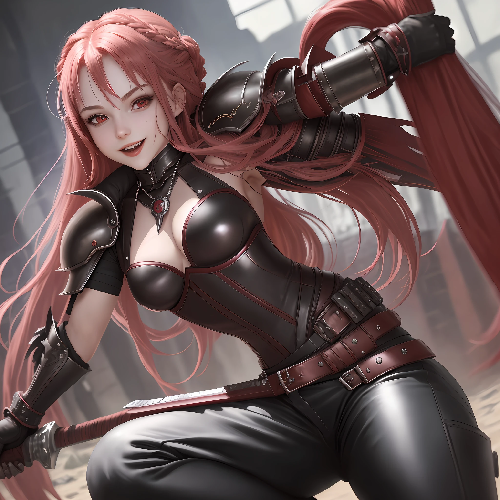 masterpiece, best quality, 1 girl of 15 years, solo, alone shiny,pupil of red color, iris of red color,braid,pink hair,long hair,armor of psychopathic assassin,holding a machete full of blood,serial killer outfit,assassin pants,jewelry, looking at viewer, mole, upper body, magic necklace, half-open lips, gauntlets, gloves, shoulder armor, red gloves, mole on chest, small breasts, lips, evil killer,psychopath laughter, laughing