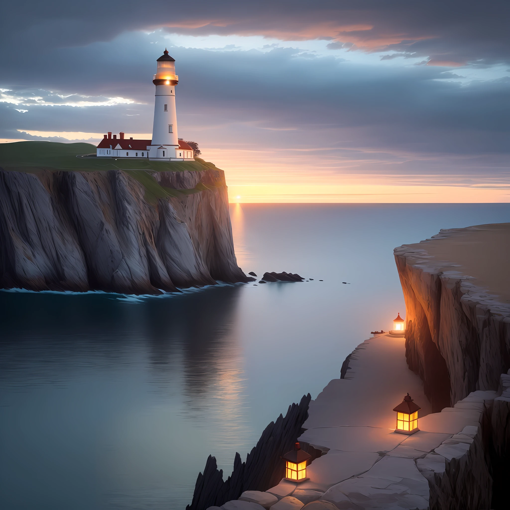 A lighthouse lit at dusk on the edge of a high cliff on a beautiful, trnkilo day, with a boat on the shore and with a framing from afar, showing the depth of the sea