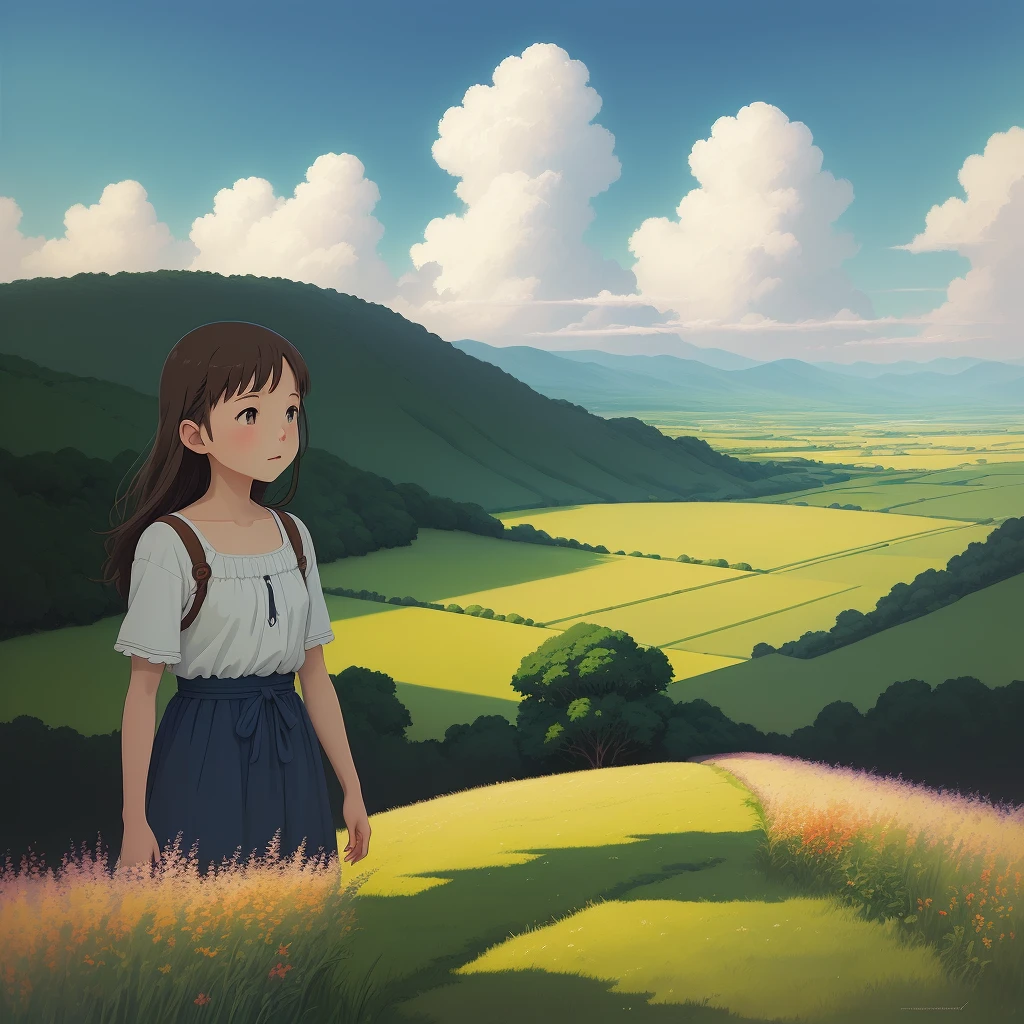 Masterpiece, high quality, official art, outdoor, summer, cloudy sky, stunning landscape painting, illustrator Tom Clohosy Cole, behance, Studio Ghibli, travel, color block painting, field sketching