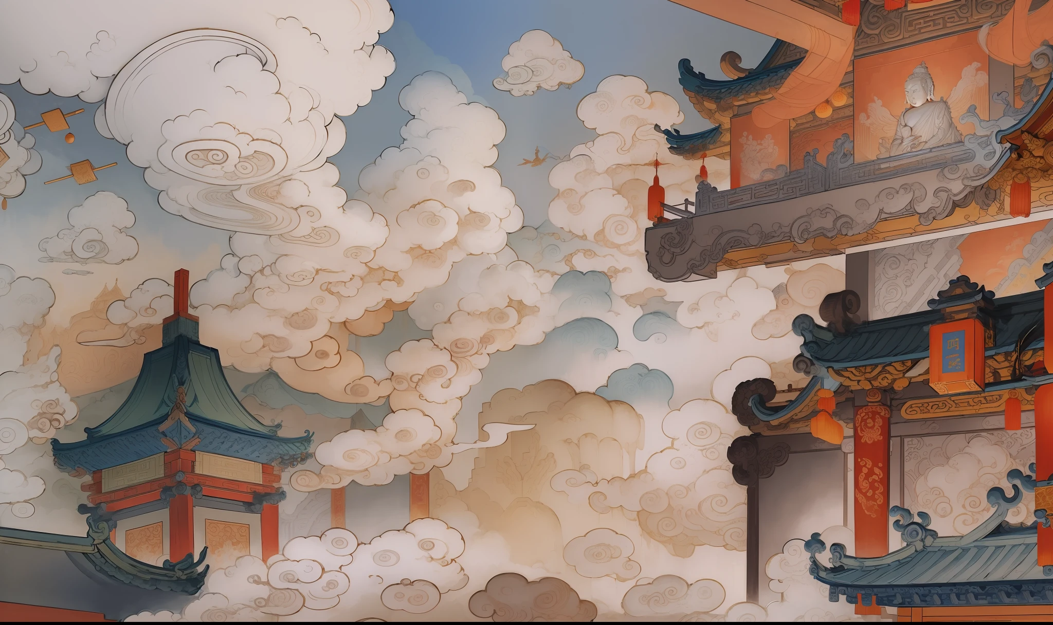 Ancient Chinese Heavenly Palace, majestic, cloudy, glazed tiles, carved beams and paintings, Buddha light, ink painting style, clean colors, decisive cutting, white space, freehand, masterpiece, super detailed, epic composition, high quality, highest quality, Pixar style, supersaturated, surreal, artgerm --v 6