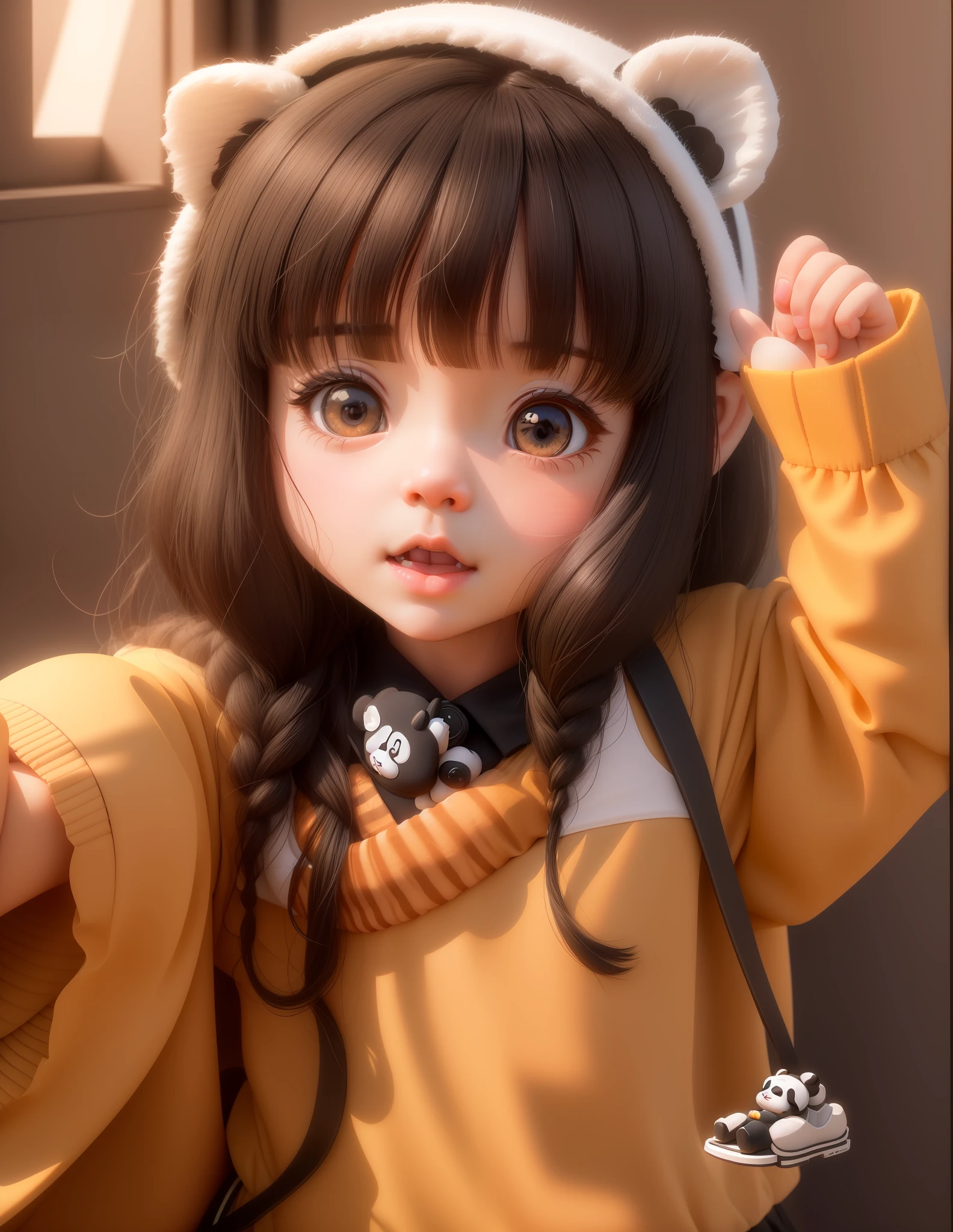 Cute little girl with big watery eyes, full body, delicate shoes, delicate hair, panda, cute black and white clothes, bamboo, small tiger teeth, popmart blind box, clay texture, clean background, natural light, best quality, ultra detail, 3d art, c4d, blender, oc renderer, 3d render, 8k
