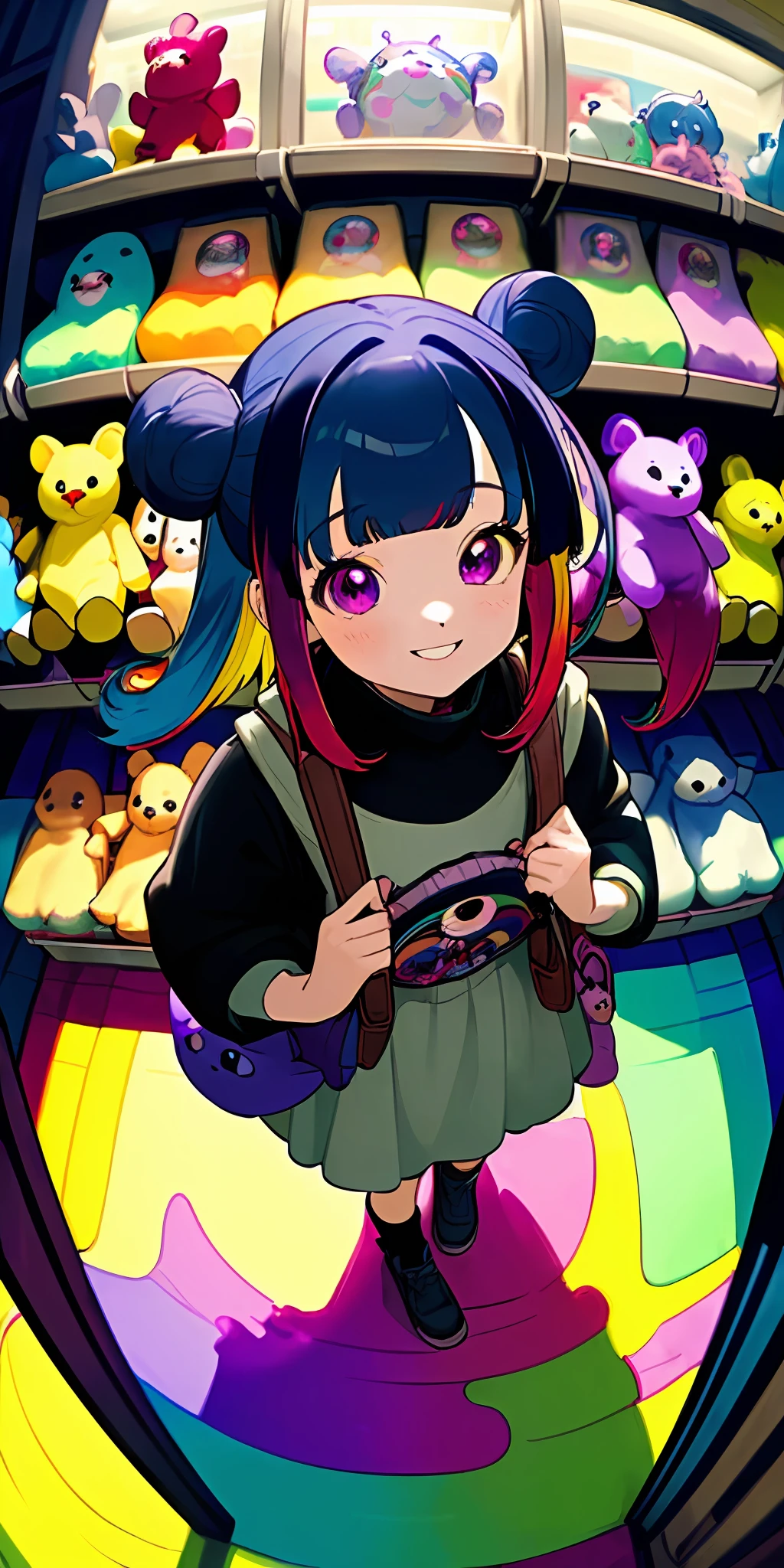 (masterpiece, best quality), (colorful:1.4), from above, solo, 1girl standing in a store with lots of stuffed animals on the shelves and a bag of stuff, black and blue hair color, purple eyes, smiling, depth of field, fisheye lens