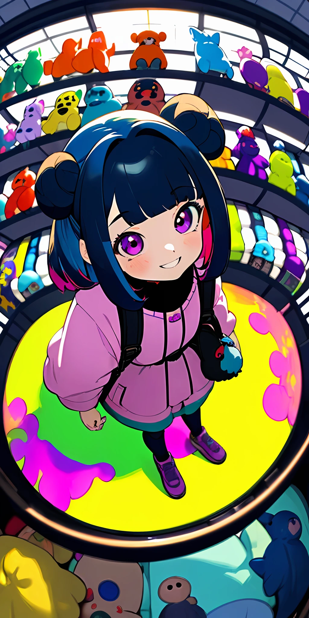 (masterpiece, best quality), (colorful:1.4), from above, solo, 1girl standing in a store with lots of stuffed animals on the shelves and a bag of stuff, black and blue hair color, purple eyes, smiling, depth of field, fisheye lens