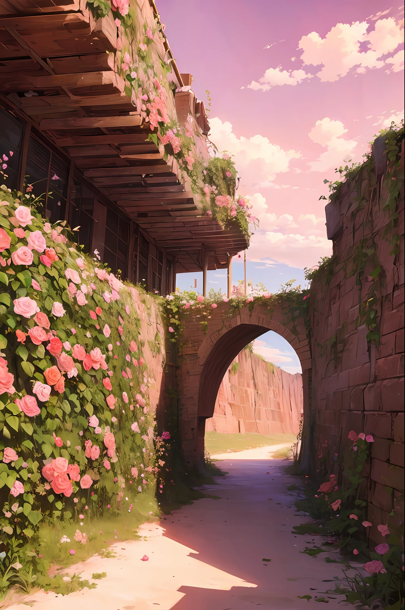 Summer, desert, pink clouds, a land overgrown with roses, James Gurney, art station rendering, ultra-wide lens, high definition