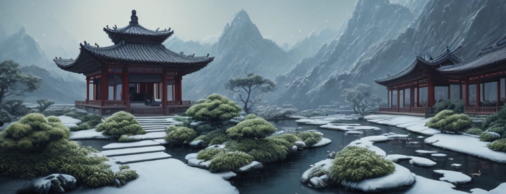 Masterpiece, best quality, high quality, extremely detailed CG unity 8k wallpaper, classical Chinese garden, medieval painting, landscape, winter, ((snow)), outdoor, sky, daytime, water, tree, blue sky, nature, lake, river, cloudy sky, award winning photography, bokeh, depth of field, HDR, bloom, chromatic aberration, realism, very detailed, trends on artstation, trends on CGsociety, intricate, high detail, dramatic, Midjourney art, ink painting style