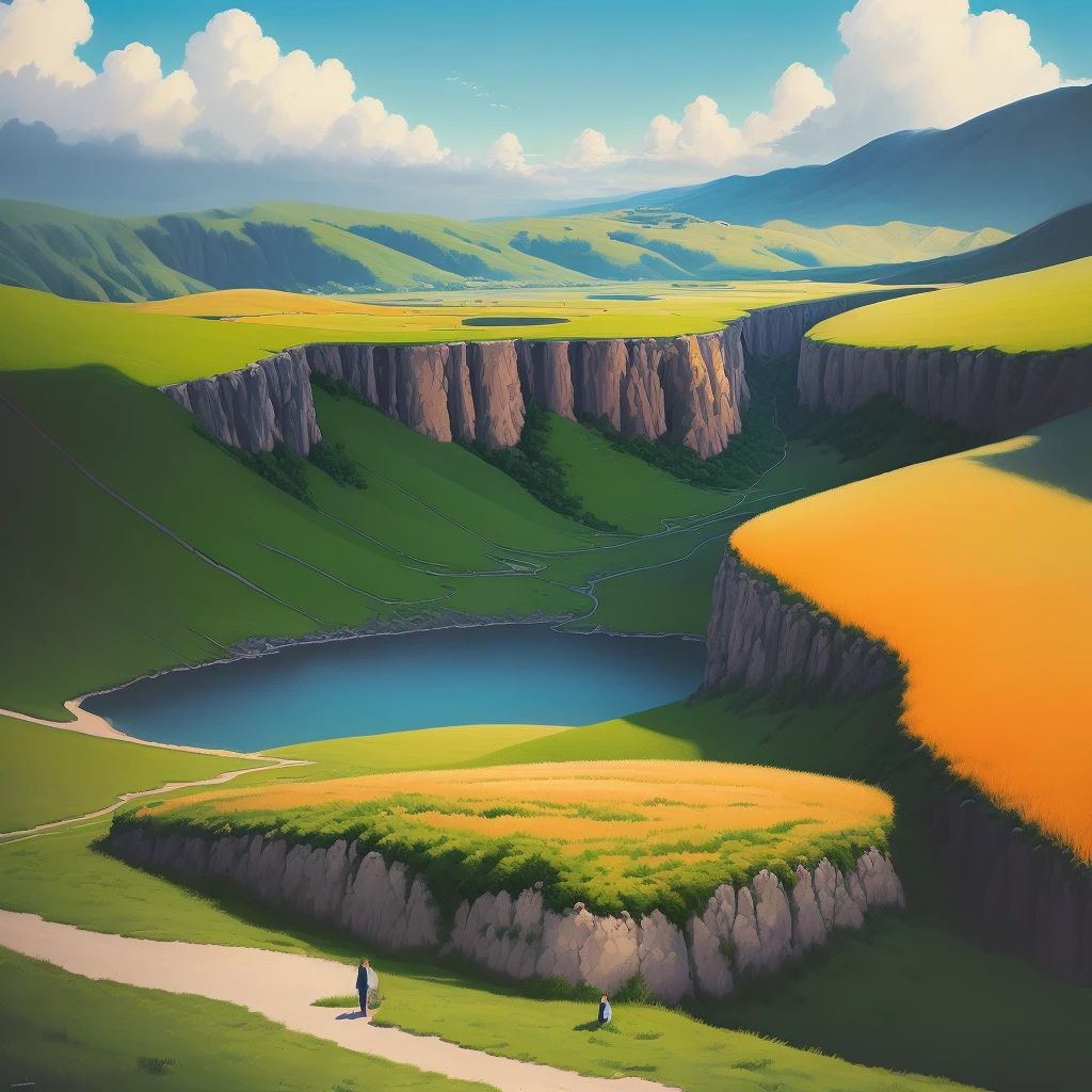 Masterpiece, high quality, official art, outdoor, summer, cloudy sky, landscape, illustrator Tom Clohosy Cole, travel, color block painting