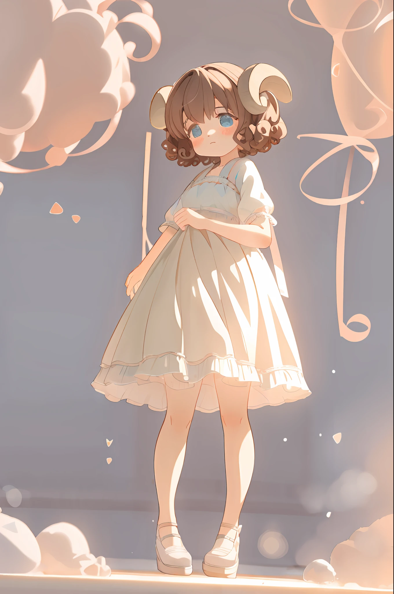 Cute *********** with big watery eyes, full body, delicate shoes, delicate hair, cute brown clothes, plush, cute goat horns, short hair, curly hair, popmart blind box, clay texture, clean background, natural light, best quality, ultra detail, 3d art, c4d, blender, oc renderer, 3d render, 8k