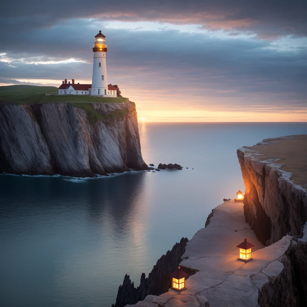 There's a lighthouse on a cliff with a light on, Marc Adamus, lighthouse, illuminated in a dawn light, cliff, Ryan Dyar, beautifully lit landscape, bold lighthouse on the horizon, cliff side at dusk, by Franz Hegi, breathtaking, by Darek Zabrocki, by Rob Alexander, with full moon and star in the sky, wide-angle photography,  sea gradient showing depth, to relate to the depth of mind