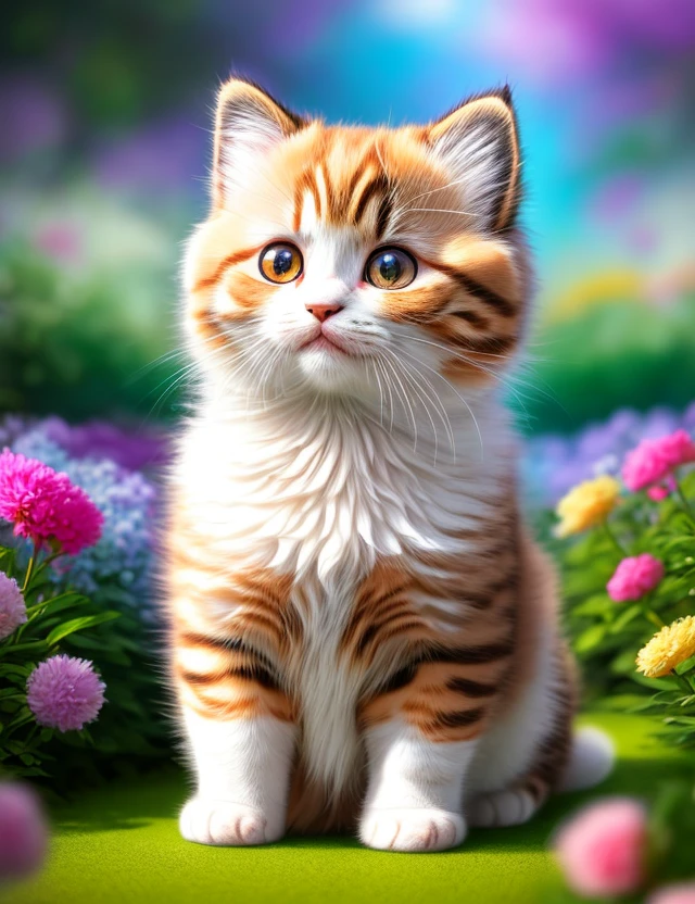 a kitty, (cute), (kawaii), trippy, 8k, ultra details, surreal photography, paws, ((adorable)), lovely, HD, full body, garden flower background, fluffy, ((photo realistic)), nikon d850, rich color, kodak portra 400 camera, naive pose, (Scottish fold breed), super cute, looking at viewer, ((realistic))