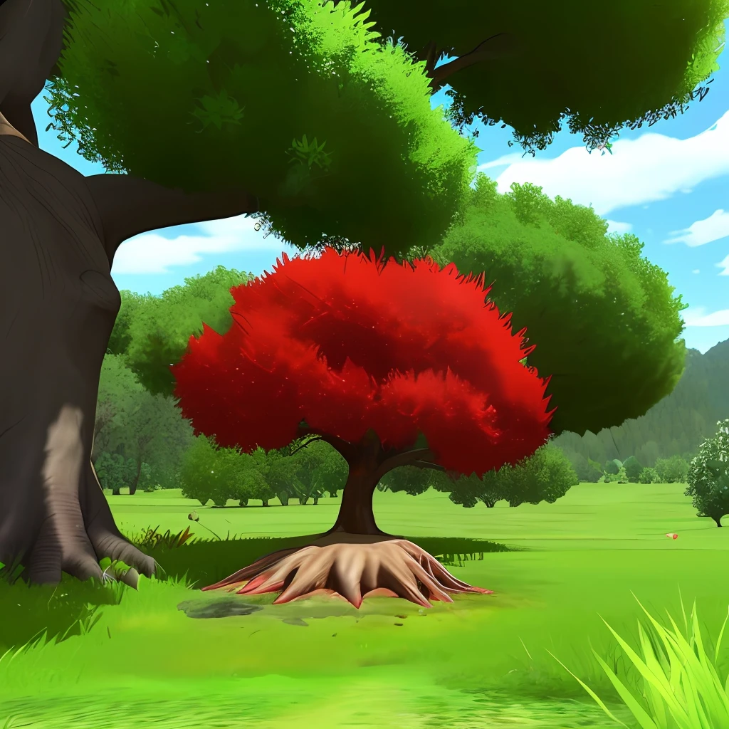 a red poke ball shape ant hill with a huge tree in the paradise hd , HDR 4k, 8k upscale