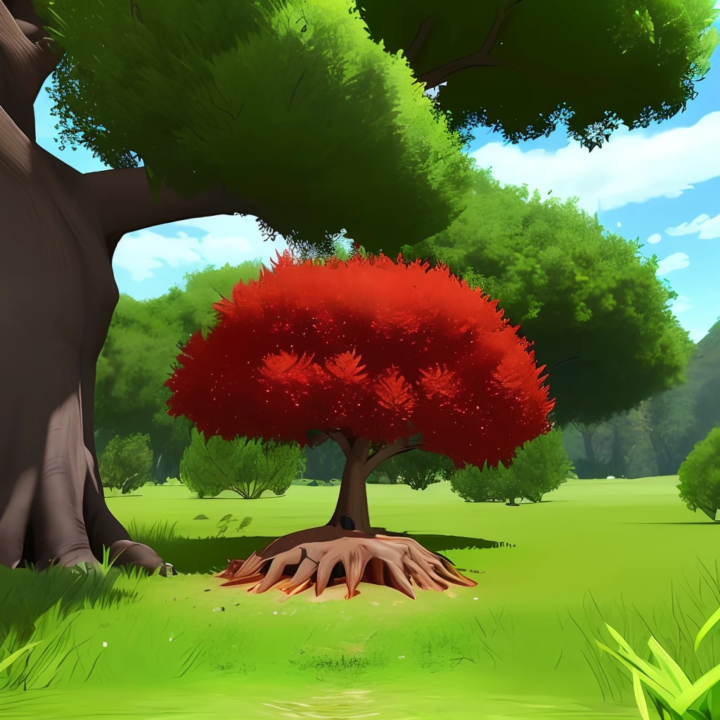 a red poke ball shape ant hill with a huge tree in the paradise hd , HDR 4k, 8k upscale