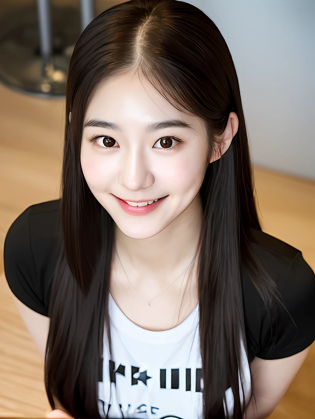 realistic photos of (1 cute Korean star) slightly smile clear face, medium breasts size, black t-shirt, in dog cafe,low-tied long hair, hairpin, from above, bokeh, diffraction spikes, f/16, Nikon, sparkle, UHD, retina, highres, 16k