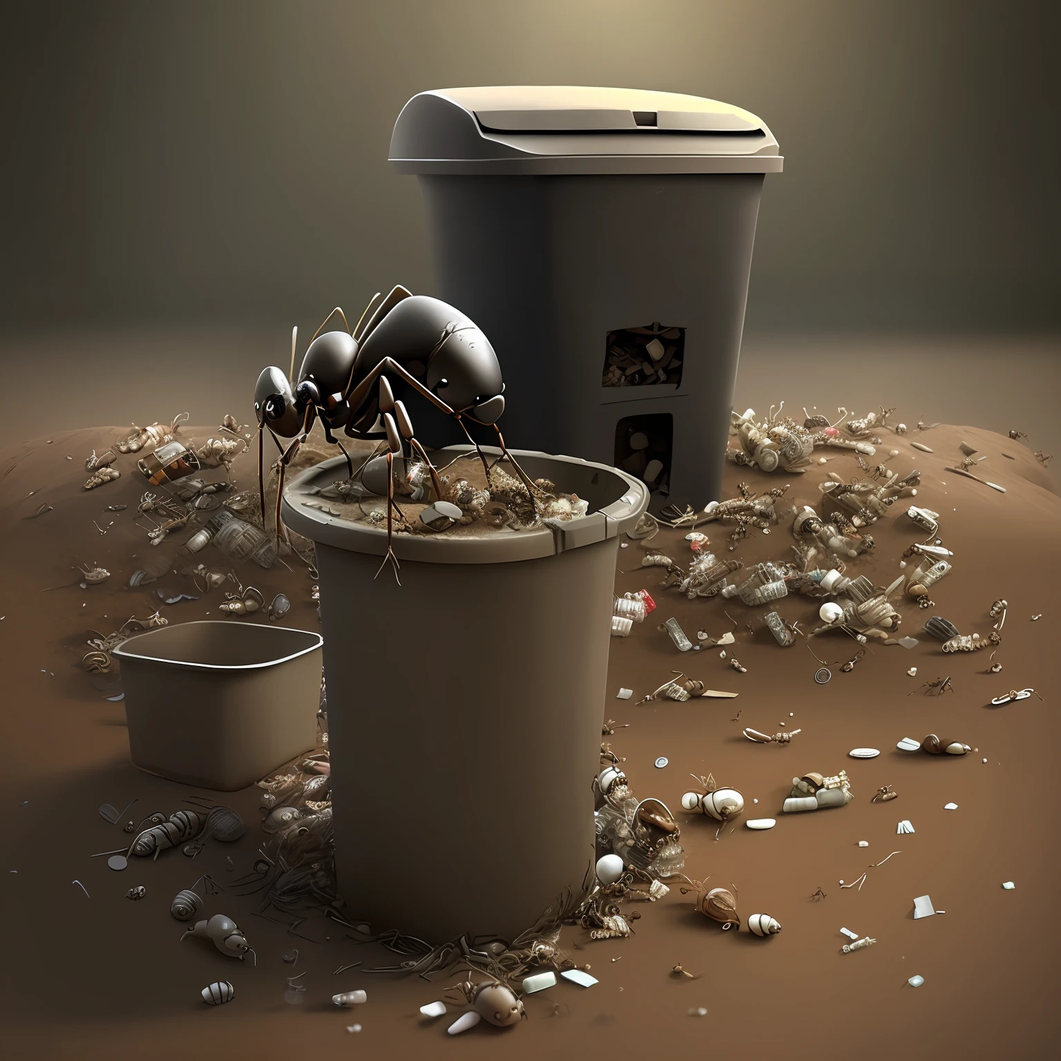 trash can, ant hills, garbage, ants, insects, dark realistic