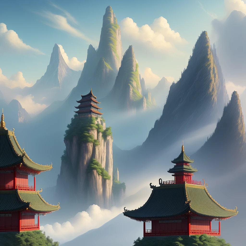 Chinese mythology, giants, mountains, heavenly palaces, fantasy, art, rich, HD