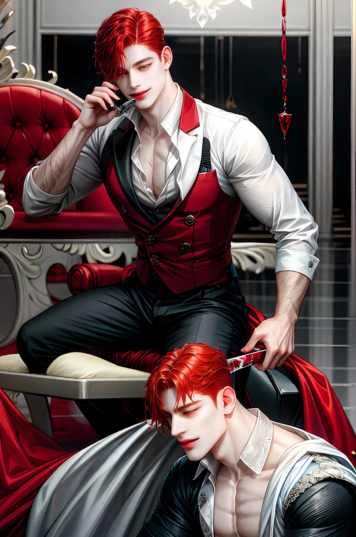 Gentleman, red hair, white skin, red blouse, black pants, young, elegant, barber, holding a blade, dark salon environment, blood all over the salon floor, a macabre smile