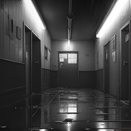 An image of a motel at night, in heavy rain. The environment is marked by a dark and decadent atmosphere. The rooms are illuminated by red lights, creating a seductive yet somber atmosphere. The windows have a somewhat dirty appearance, and the motel's façade shows signs of wear. There is a sense of decay and cheap simplicity that permeates the place. The rain intensifies the melancholy of the scene, trickling down the walls and forming puddles on the floor. This image captures the essence of a place with dubious features and an intriguing atmosphere. Unleash your creativity and bring to life this striking depiction of a motel at night and rain with red lights in the rooms, a place a little dirty and cheap.