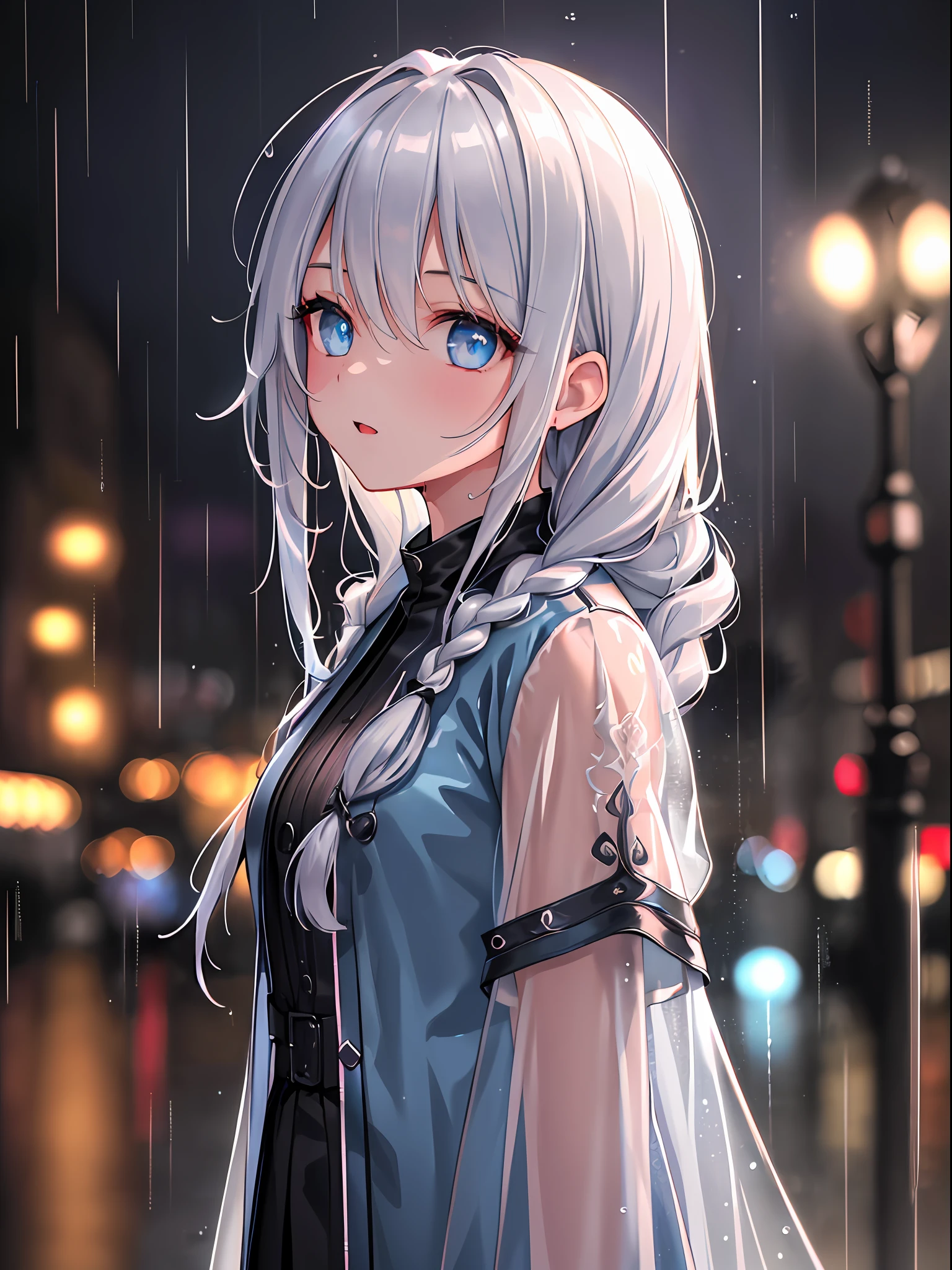 (masterpiece:1.21), (best quality:1.331), (ultra-detailed), (extremely best illustration), ((amazing)), (hyper quality), gorgeous and rich graphics, (extremely beautiful and beautiful:1.21), 8k, wallpaper, (beautiful lighting), bright light, detailed composition, ( Perfect Composition), (Extremely Beautiful Detailed Background:1.21), Rembrandt-style expression of light and shadow, Dark tones, (low key and high variance color scale), ((Depth of field)), Deep shadows, Dynamic angles, From the side, upper body, radial blur, rain, (City lights, blurred background), (1girl), Rainy (beautiful detailed eyes), Clear blue eyes, Long silver French braids, camouflage clothing, transparent raincoat, wet clothes, wet skin and wet hair, lens flares, string lights, street, masterpiece, Best quality, clear raindrops