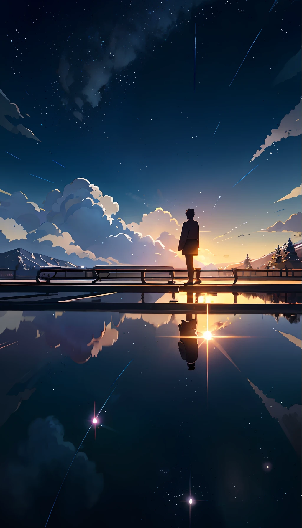 High quality masterpiece, landscape, anime train passing through bodies of water on tracks, bright starry sky. Romantic train, pixiv, concept art, lofi art style, reflection. by Makoto Shinkai, lofi art, Beautiful anime scene, Anime landscape, detailed scenery —width 672, in style of Makoto shinkai, style of Makoto shinkai, enhanced details.