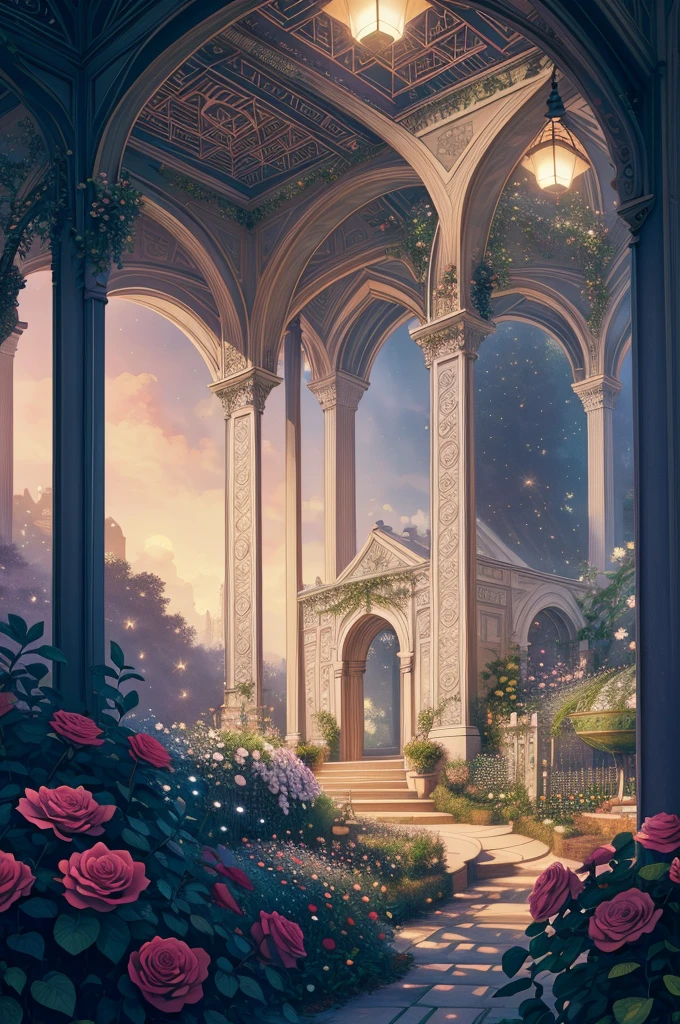 (Illustration:1.3), (secret garden), lush, floral, rose, (botanical), romanticism, moody, space, stars, nebula, beautiful clouds, moon, trellis, lattice, garden, gazebo, (realistic:1.5), (good shading), good architecture, volumetric lighting, cinematic, good architecture, (highest quality, award winning, masterpiece:1.5),