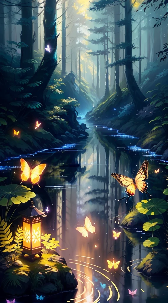 a painting of a stream in the woods with butterflies flying around, beautiful digital artwork, makoto shinkai cyril rolando, glowing butterflies, magical environment, very beautiful digital art, anime nature, 4k detailed digital art, inspired by Cyril Rolando, anime nature wallpap, beautiful digital art, magical forest with fireflies, a beautiful artwork illustration, by Yang J